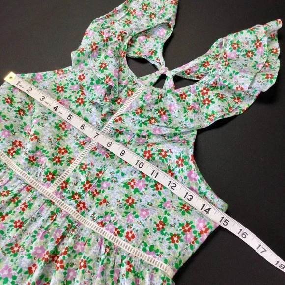 J. Crew Crewcuts Girls Green Multi Floral Ruffle Shoulder A-Line Dress Size 10 - Picture 5 of 12
